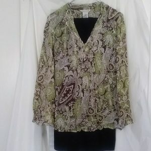 Multi-print V-neck sheer blouse